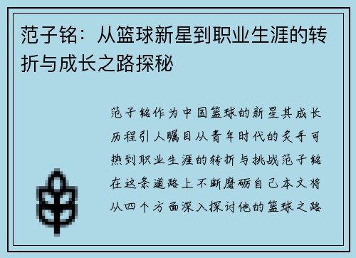 范子铭：从篮球新星到职业生涯的转折与成长之路探秘